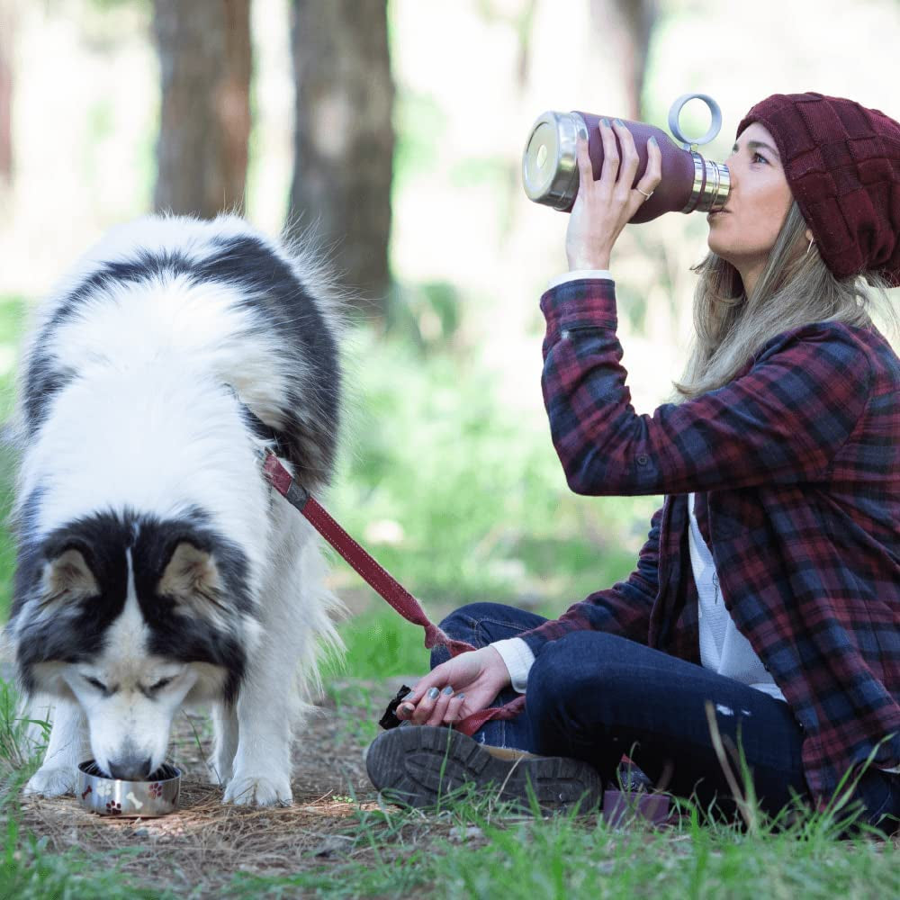 Dog Bowl Attached to Stainless Steel Insulated Travel Bottle for Human 33 Ounce (Burgundy)